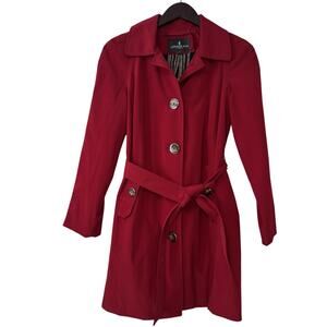 London Fog Womens Trench Coat Size Medium Petite Red Belted Jacket Plaid Lining